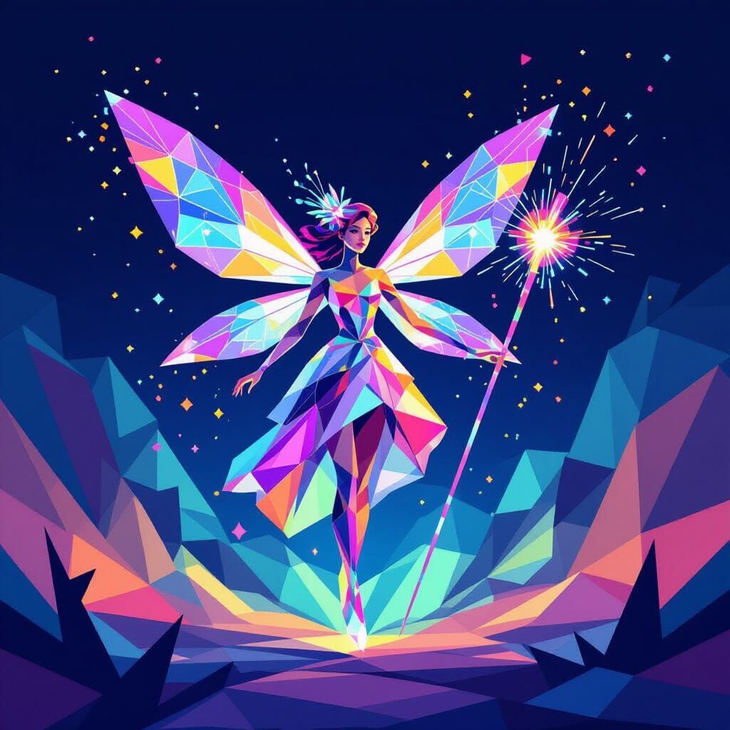 Geometric Fairy in Digital Cyberpunk Landscape