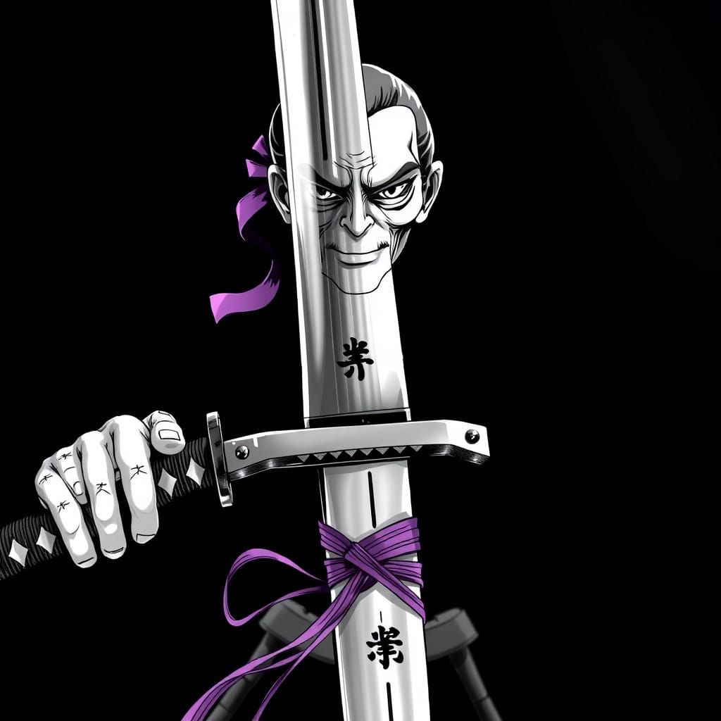 Surrealist Japanese Katana Sword with Vibrant Ribbons and An...