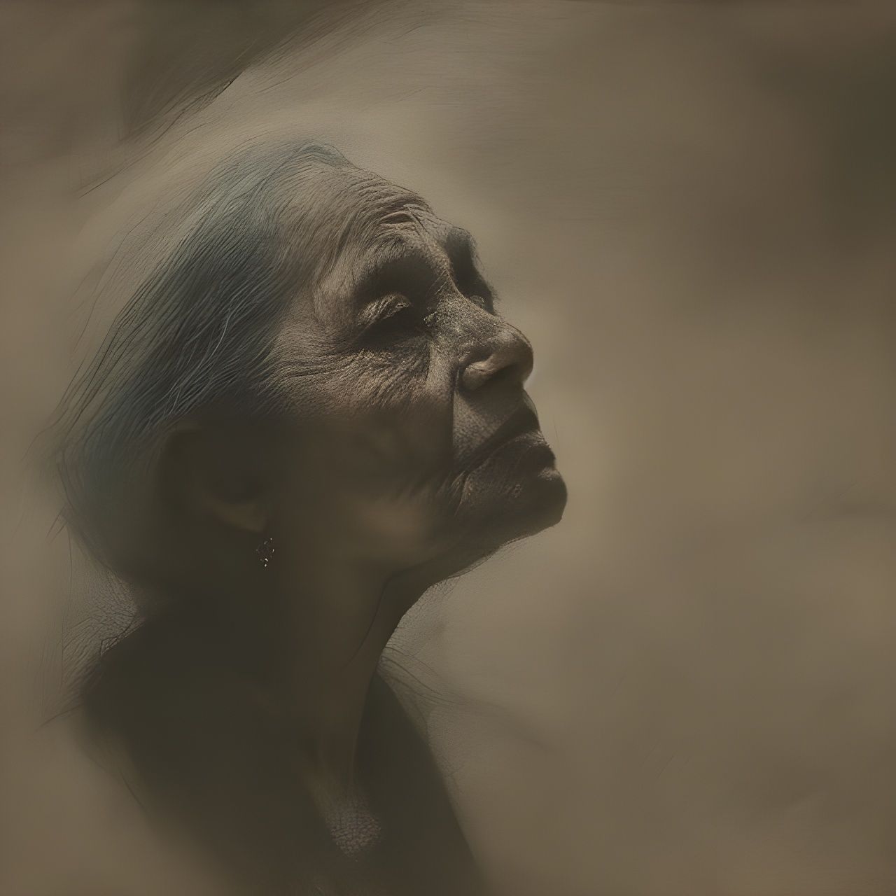 Sad Old Woman in Pastel Crayon Drawing
