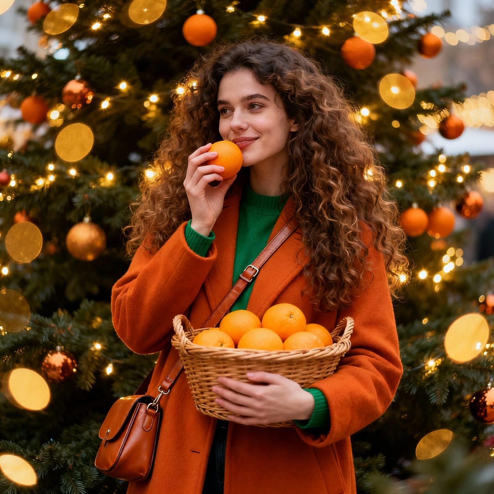 Woman in Burnt Orange Coat by Christmas Tree