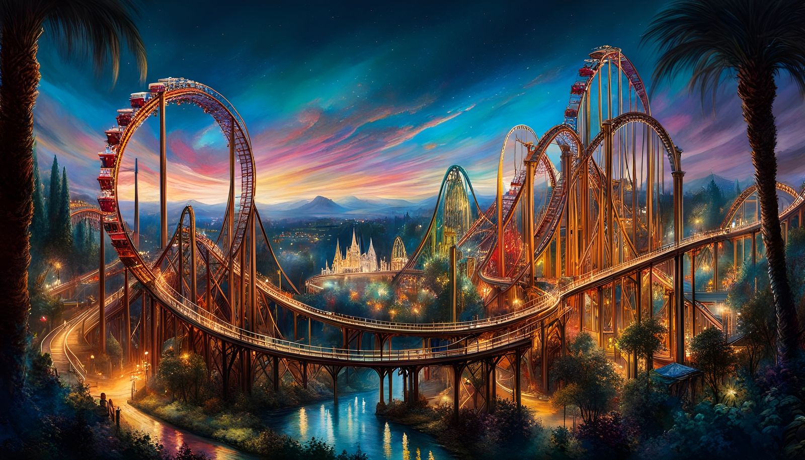 Six Flags Rollercoaster in Renaissance Watercolor Style