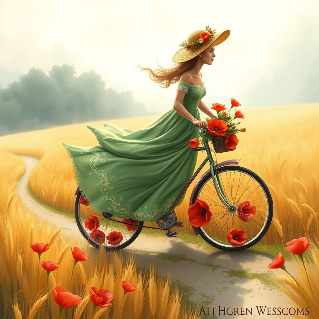 Whimsical Woman Rides Bicycle in Golden Wheat Field