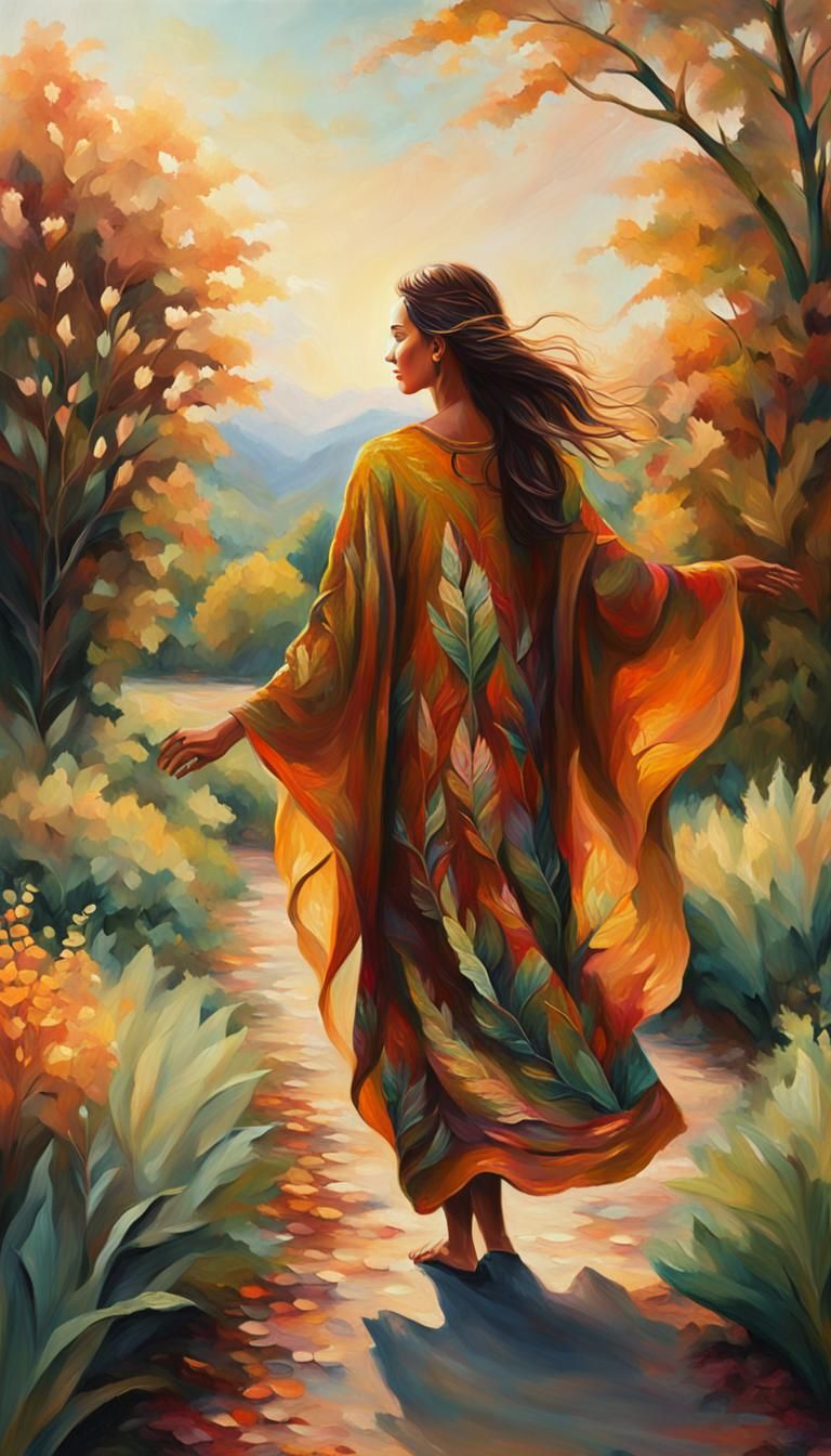 Golden Hour Oil Painting of Woman in Greenery