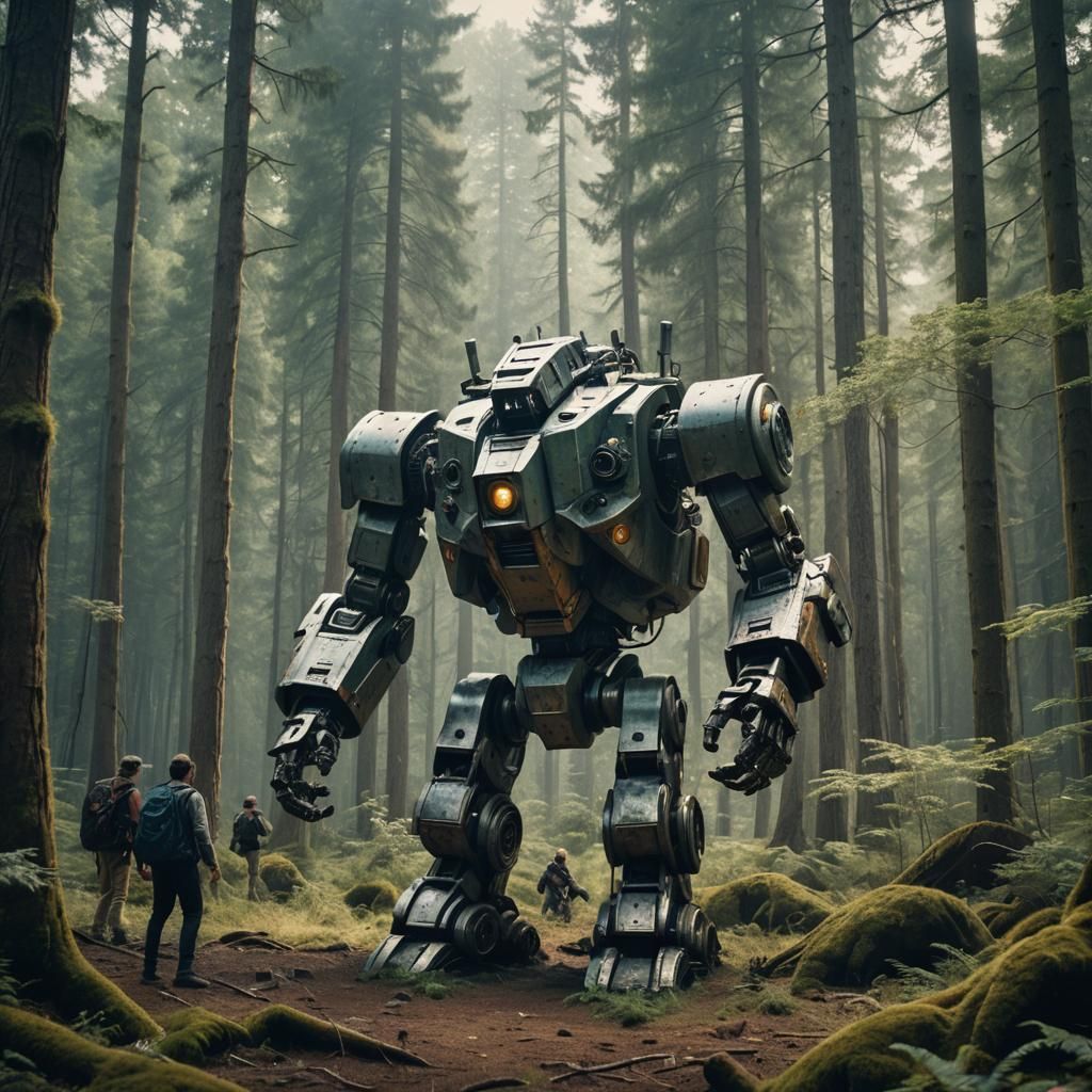 Ancient Combat Robot in Forest: Cinematic Film Still