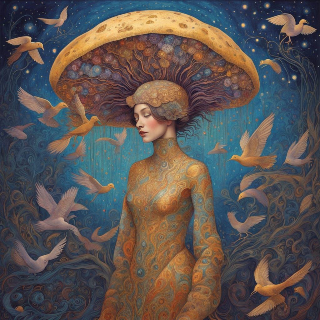 Ethereal Woman Transforms into Birds Amidst Cosmic Garden