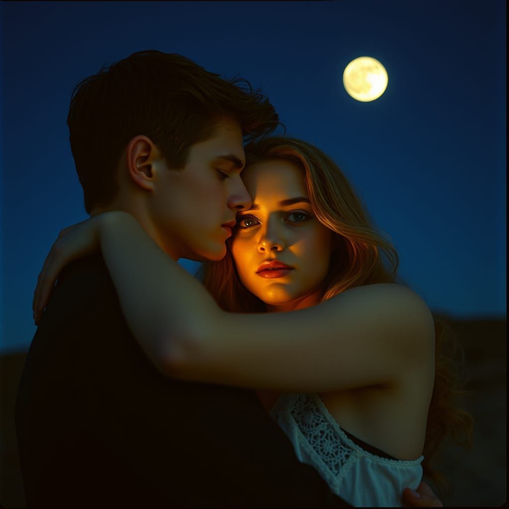 Hyperrealistic Young Woman Embracing Man in Moonlight