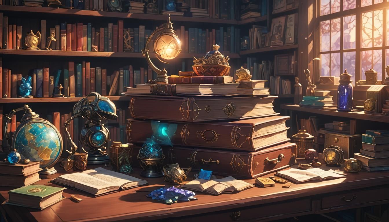 Fantasy Desk with Magical Items in Anime Style