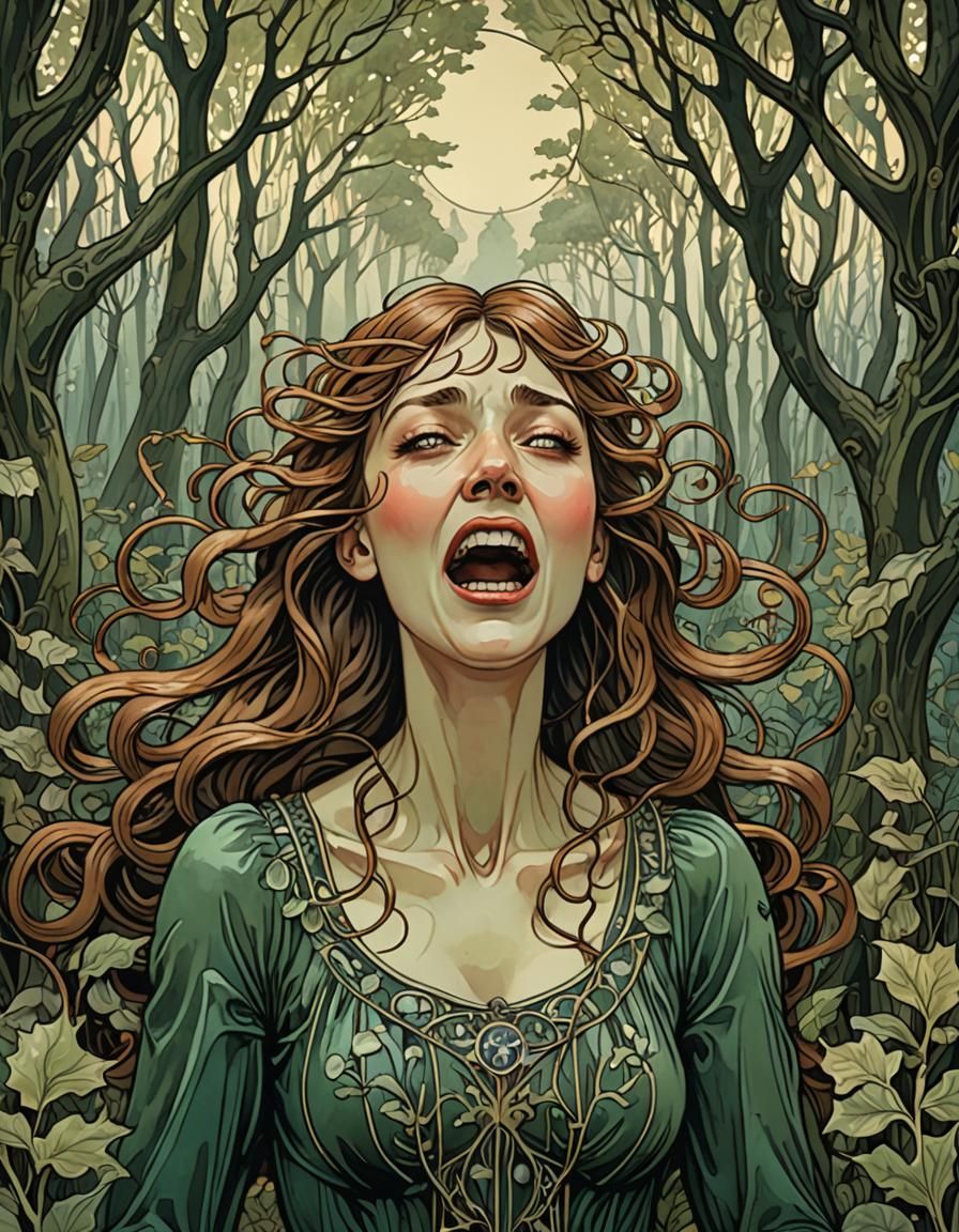 Distressed Woman in Art Nouveau Forest