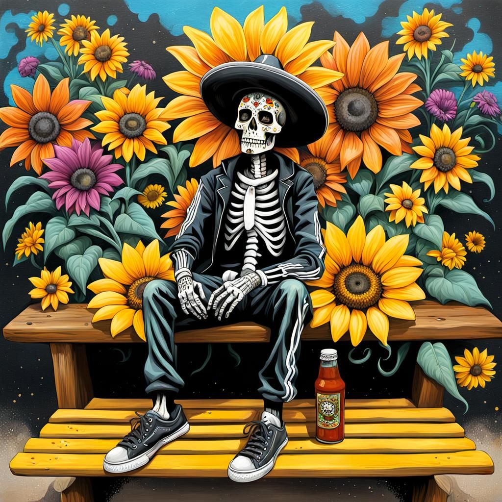 Helicopter view of Day of the Dead zombie chrome Skeleton in mexican black and yellow sunflower sombrero with black hot ...