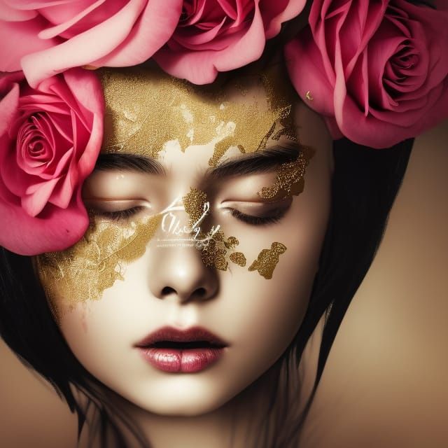 Photorealistic Rose-Crowned Woman with Gold Filigree