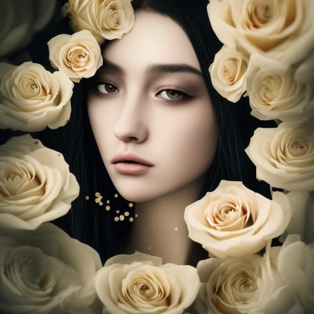 Rose Crowned Woman with Gold Filigree: Photorealistic Art