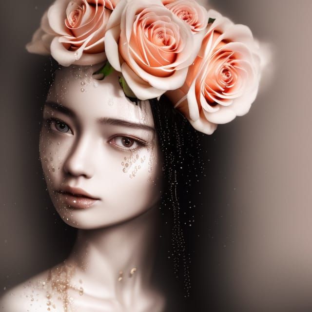 Photorealistic Rose Crowned Woman with Gold Filigree