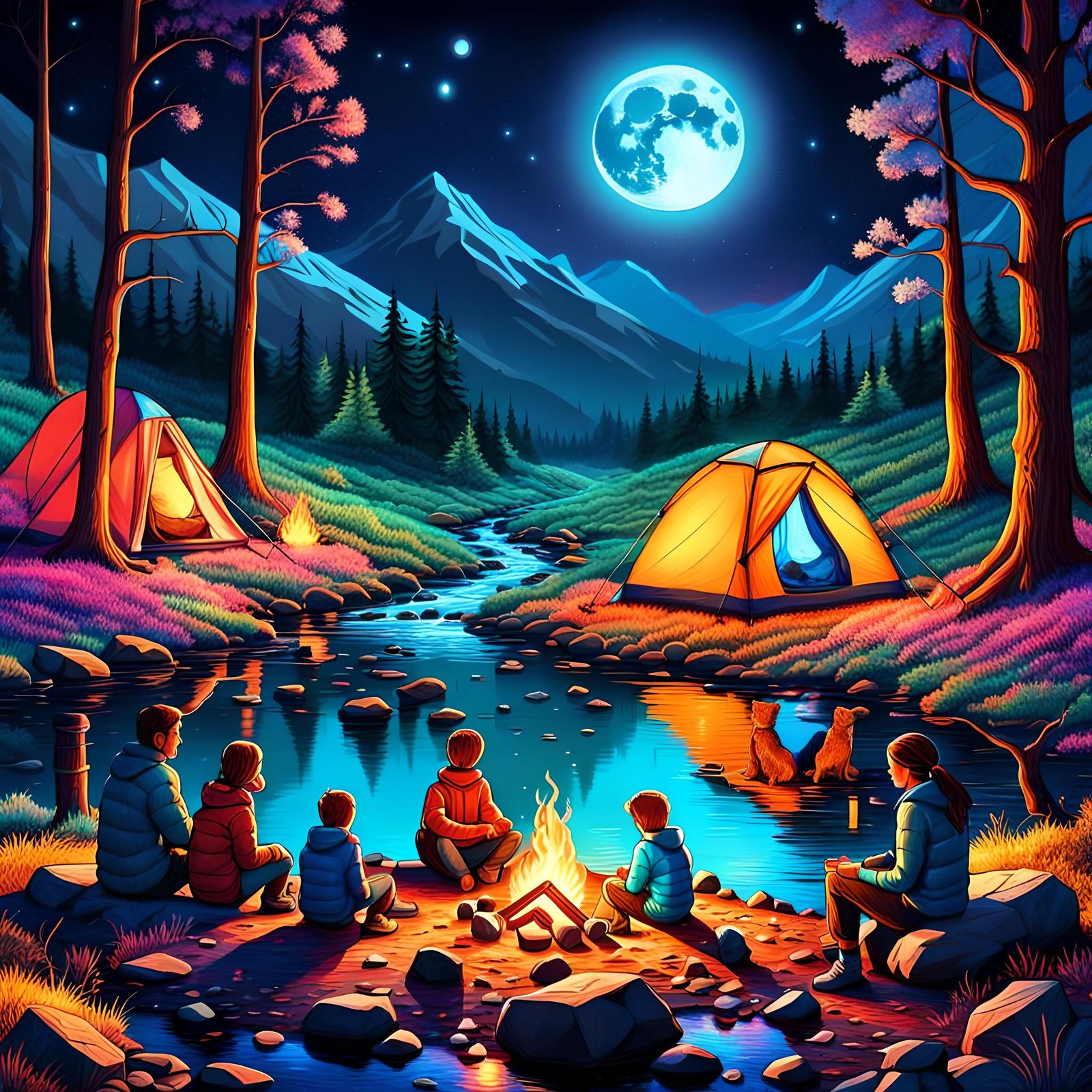 Family Camping Under the Moon: Astral Illustration