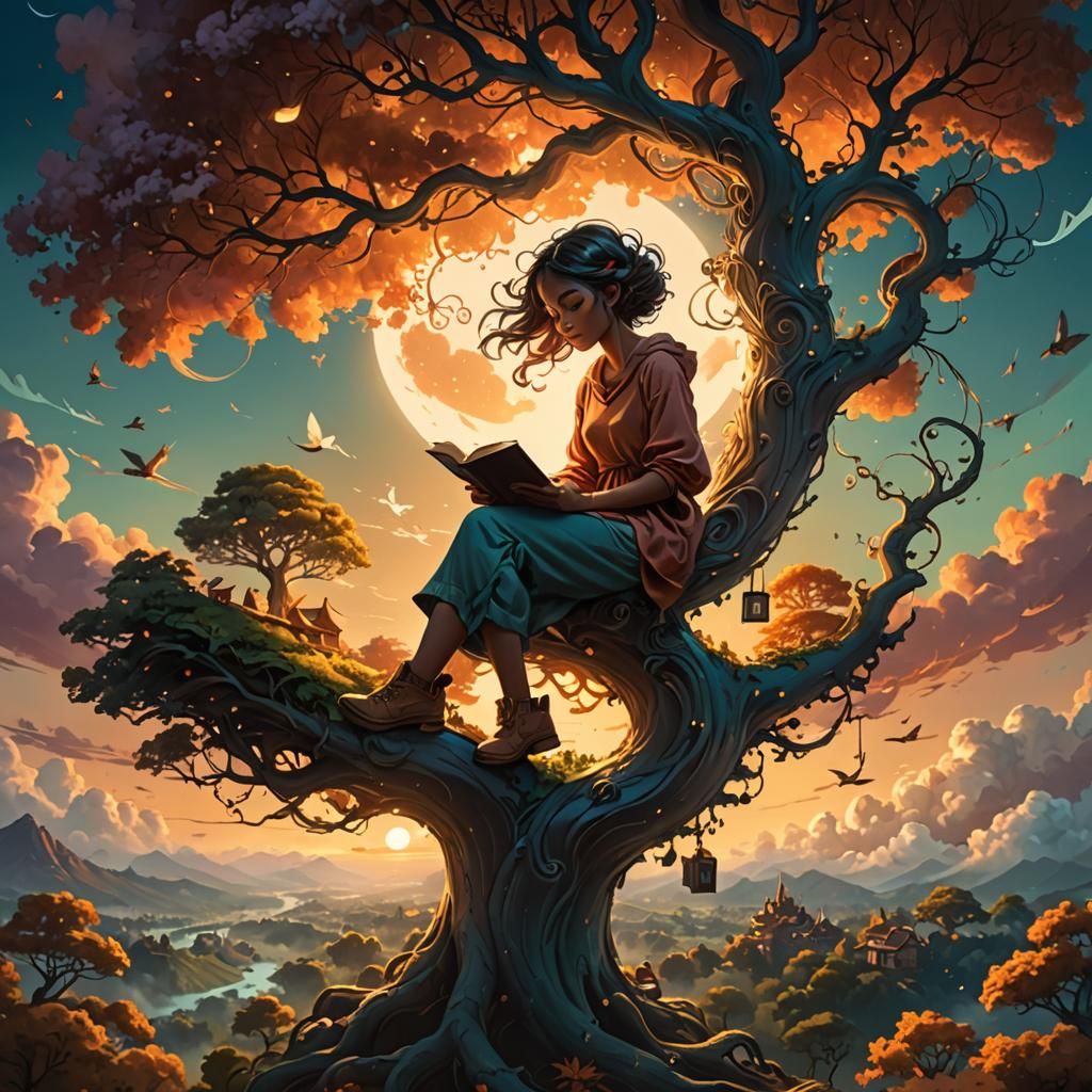 Girl Reading on Swirly Cloud Tree at Sunset