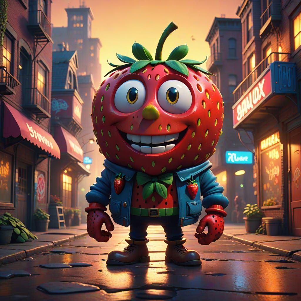 Heroic Strawberry Candyman in Vibrant Cityscape