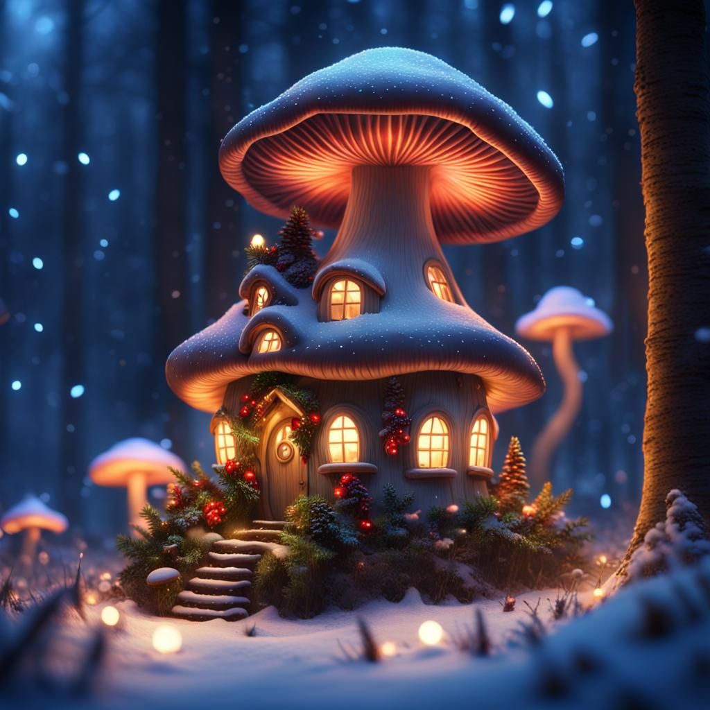 Glowing Mushroom House in Snowy Forest at Night