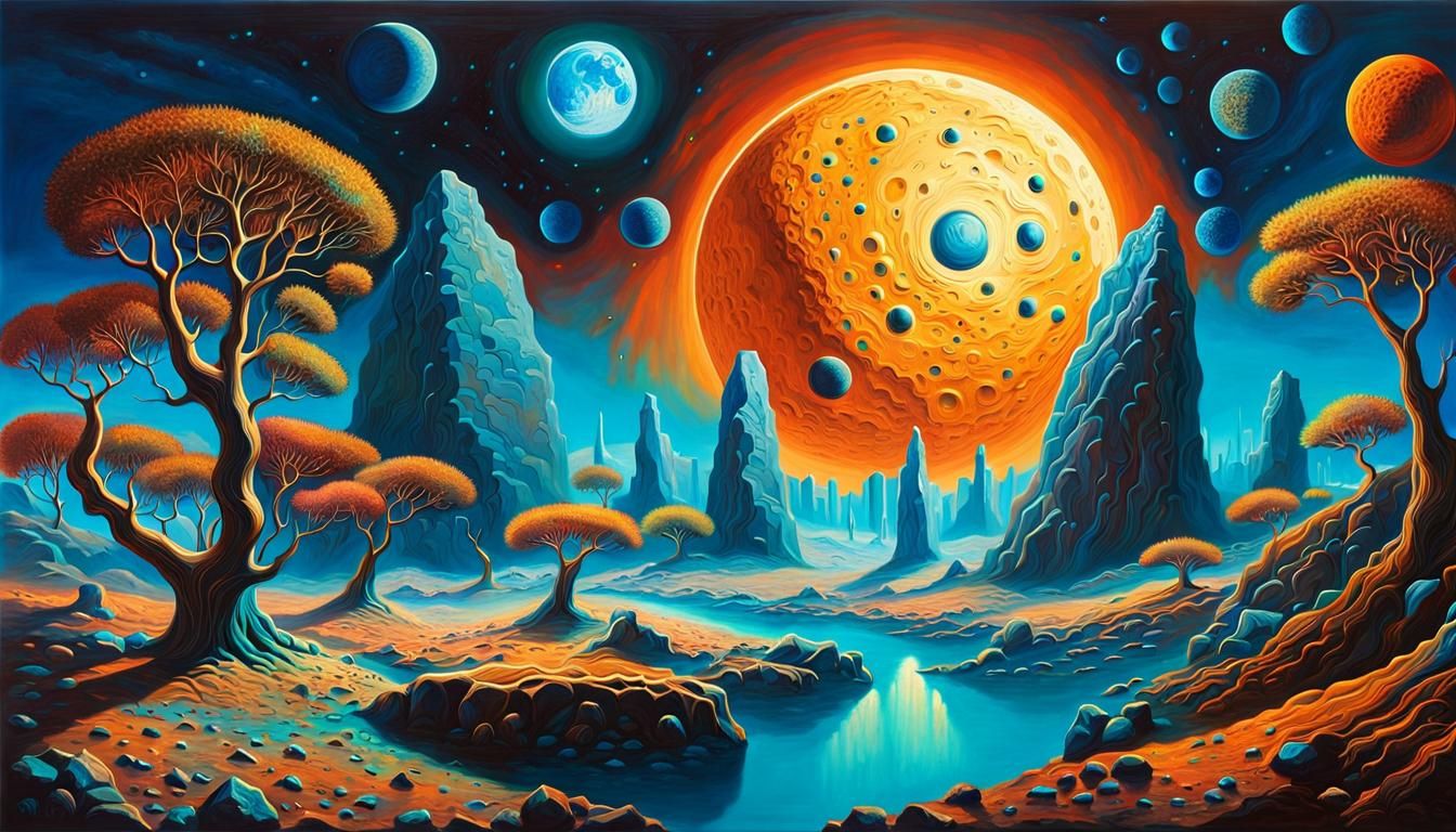 Surreal Asteroid Landscape with Numerical Trees