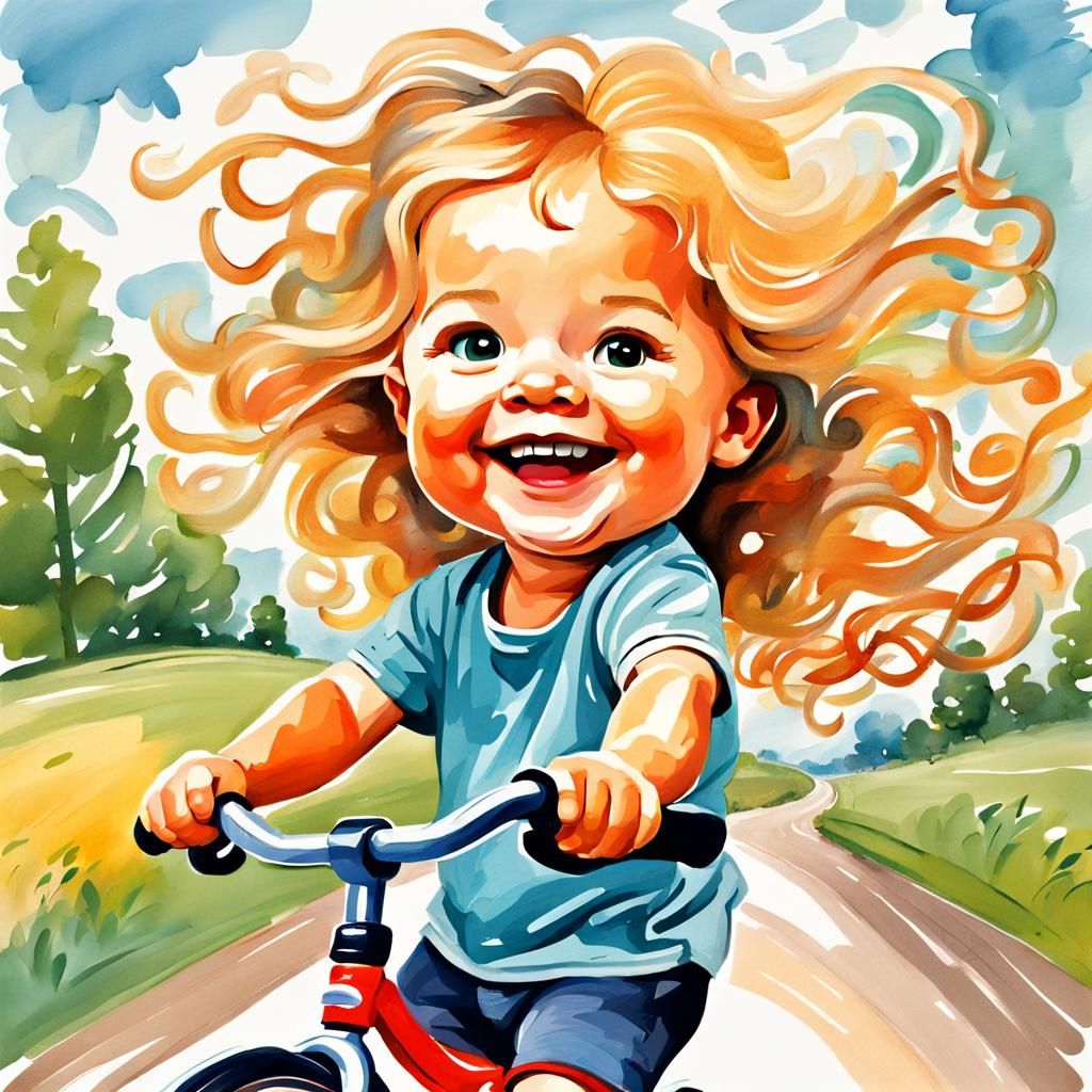Cartoon Toddler on Bike in Whimsical Style