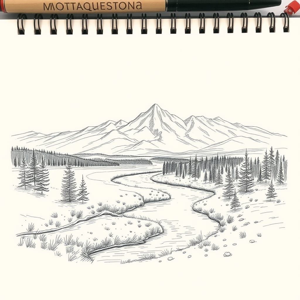 Montana Countryside: Hand-Drawn Pen and Ink Sketch