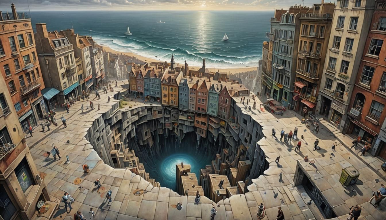 Surreal 3D Chalk Art Cityscape with Distorted Reality