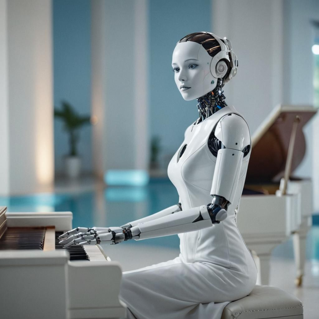 Elegant Robot Plays Piano in Luxurious Setting