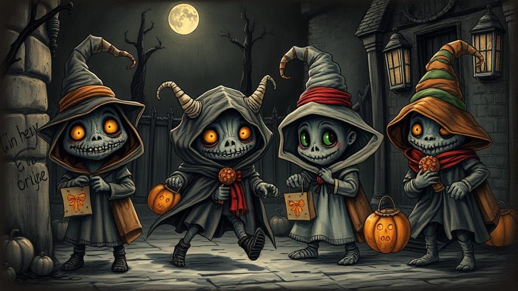 Cute Halloween Monsters Trick-or-Treating in Dark Etching St...