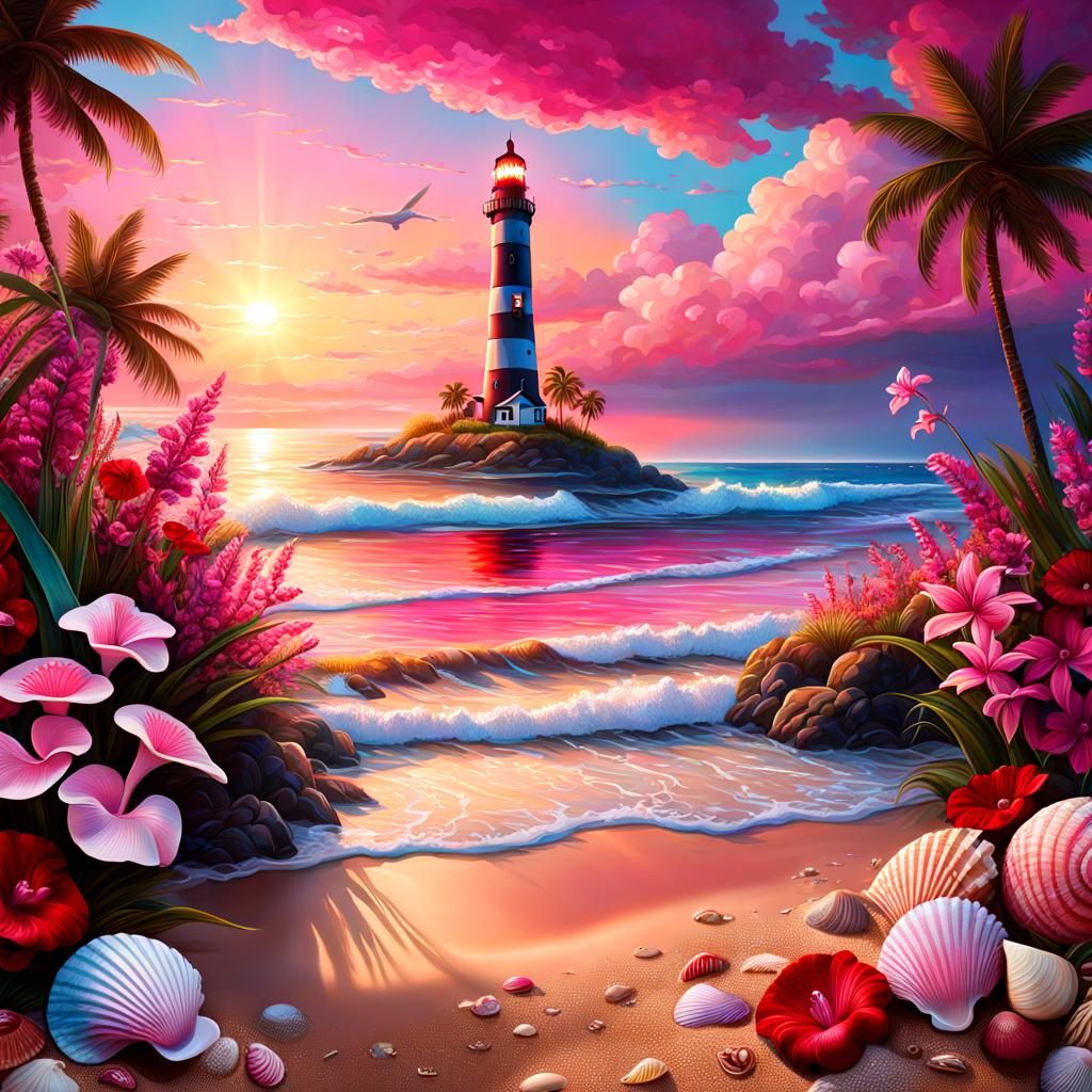 Hyperrealistic Sunset Beach with Lighthouse Splash Art