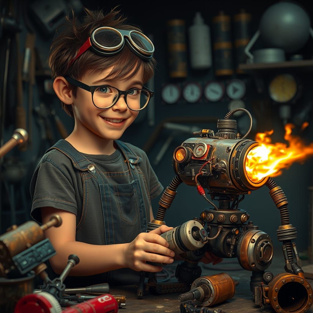 Young Inventor Tinkers with Flame-Shooting Robot in Futurist...