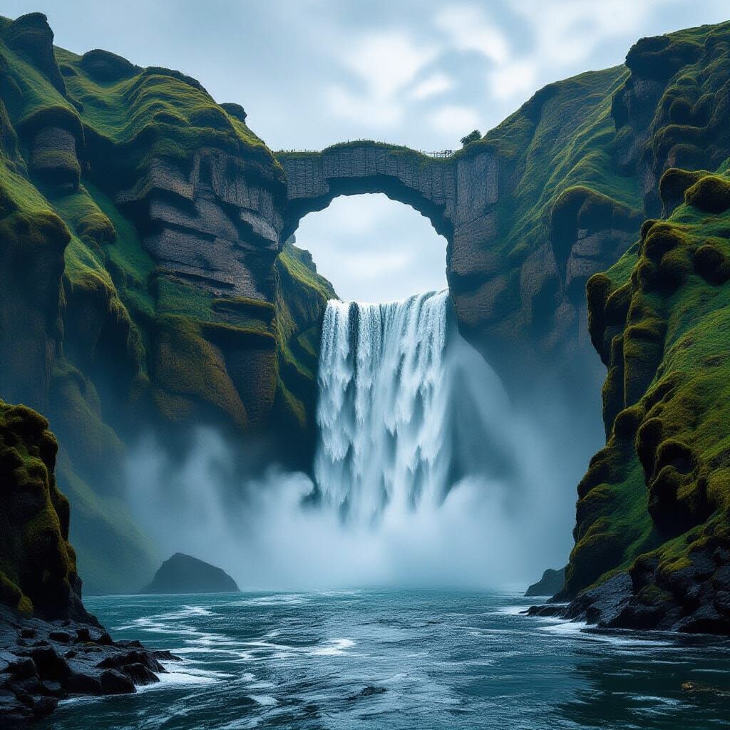 Majestic Waterfall with Double Arch Landscape