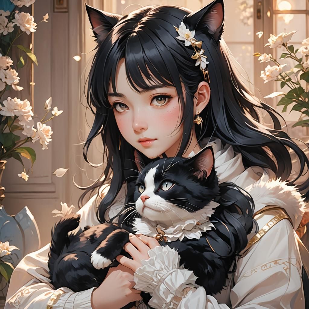 Moe Anime Portrait of Girl with Black and White Cat