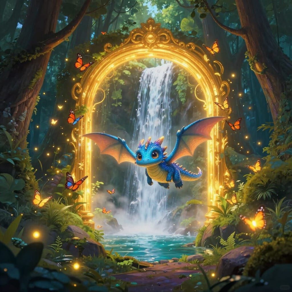 Blue Dragon Emerges From Golden Portal in Enchanted Forest