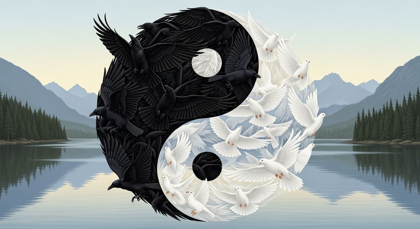Yin Yang Symbol with Ravens and Doves as Flat Graphic Art