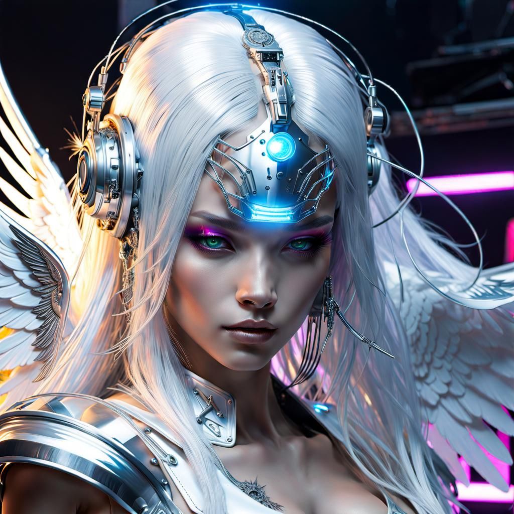 Cyberpunk Cyborg Angel Drummer: Detailed Digital Portrait
