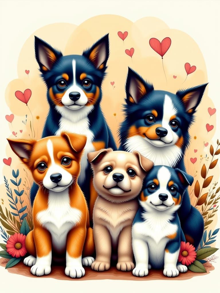 Cute Family of Five Dogs in Colorful Picasso Style