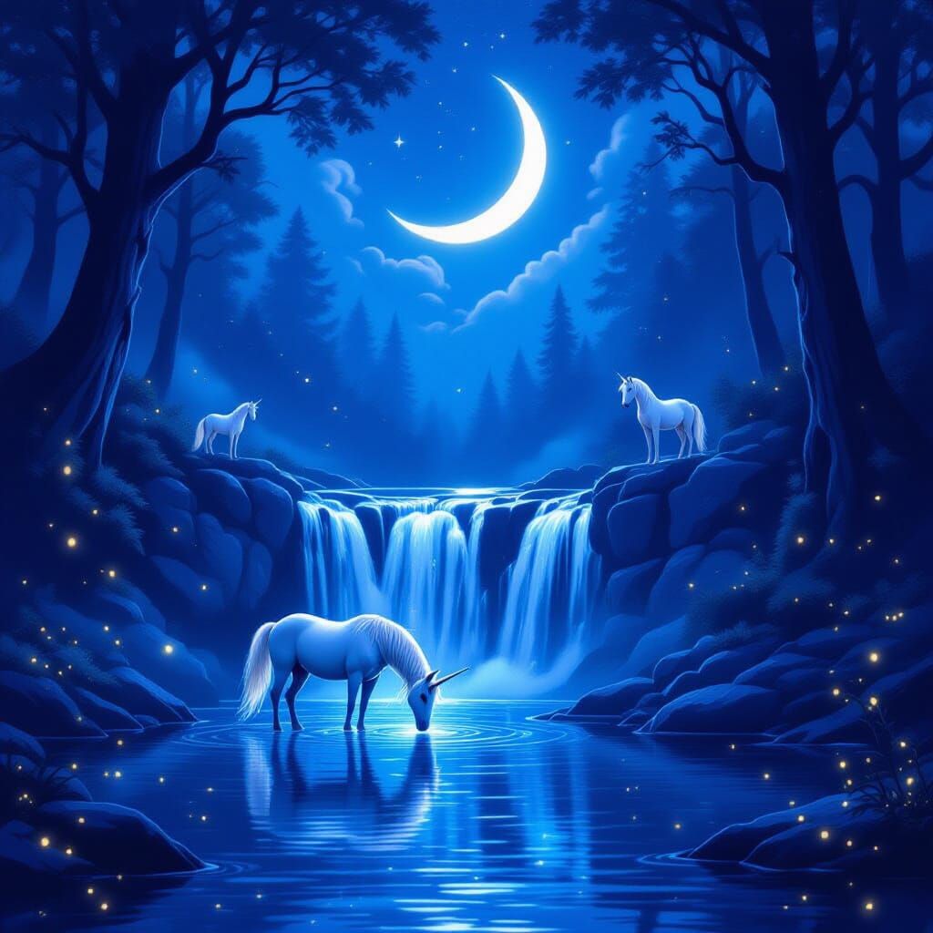 Mystical Unicorns in Moonlit Forest Waterfall Scene