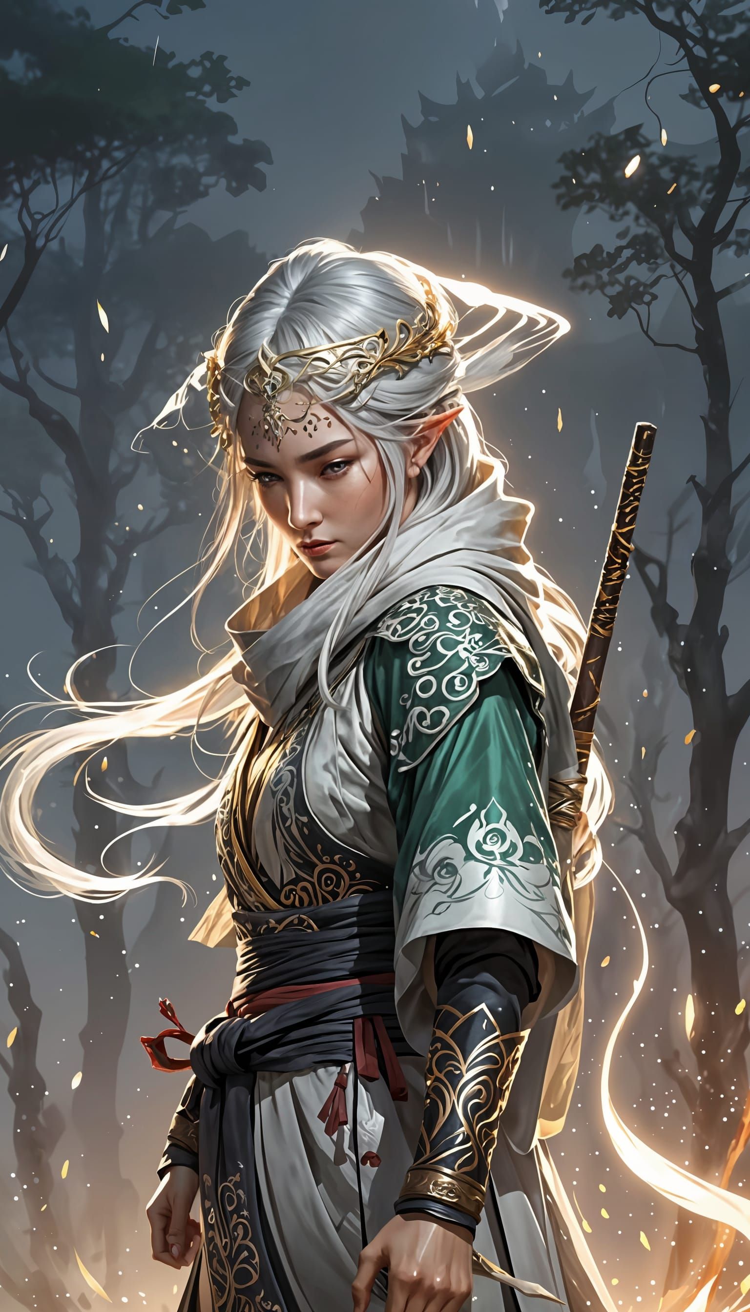 Elven Warrior in Wushu Pose with Magic Sword