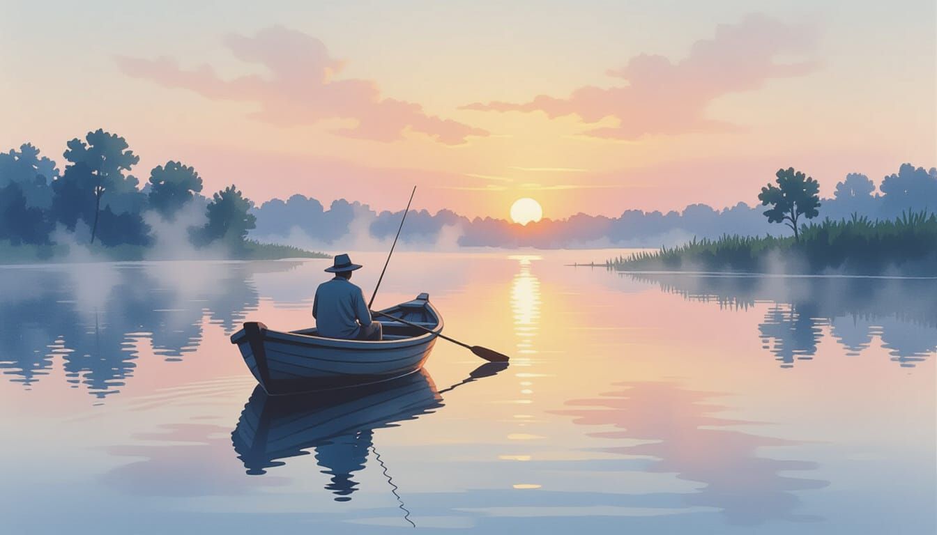 Serene Sunrise Fishing Scene in Watercolor