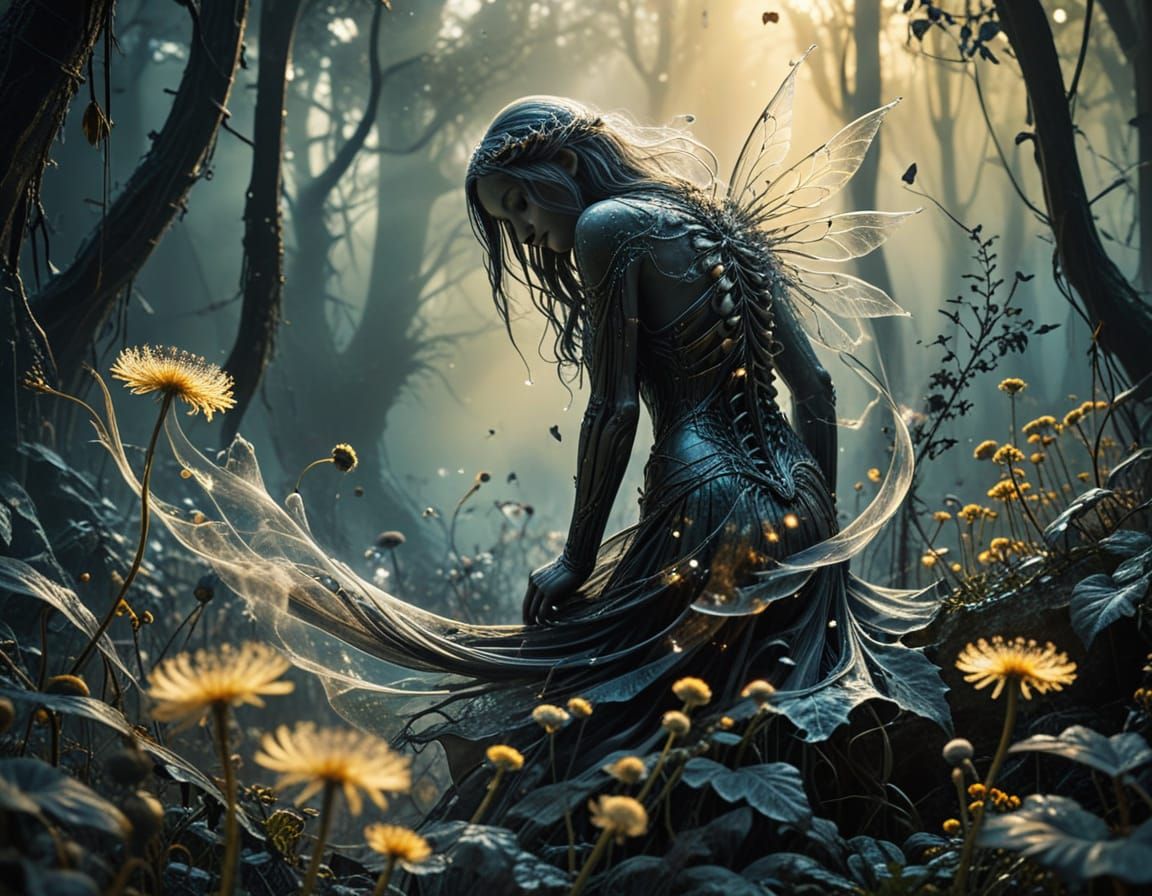 Translucent Fairy on Dandelion Stem in Mystical Sunlight