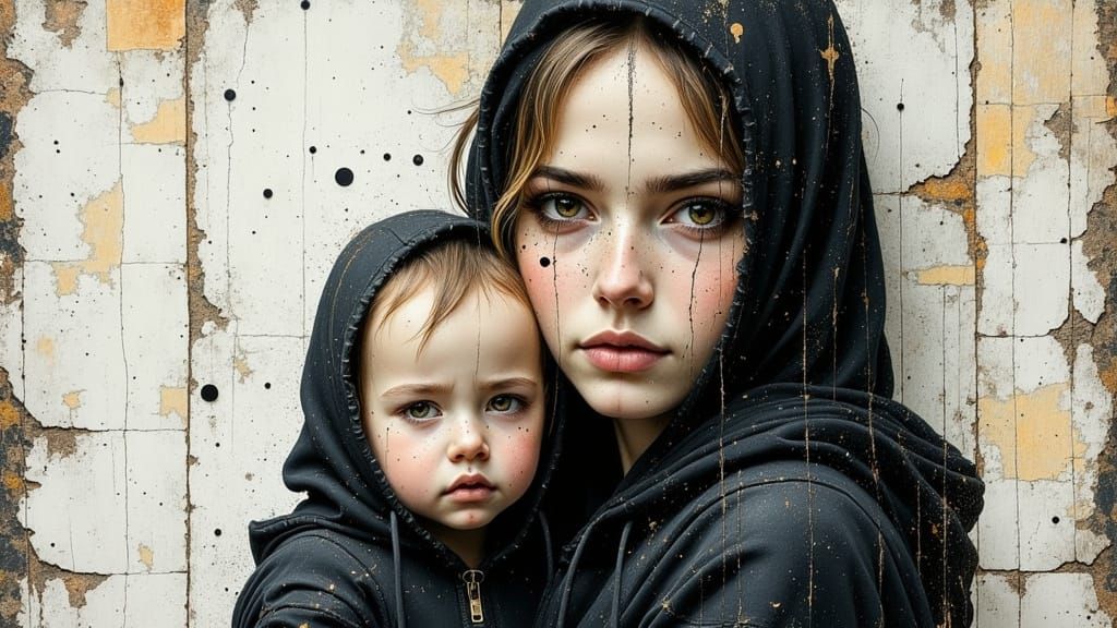 Woman with Child: Surreal Charcoal and Acrylic Portrait