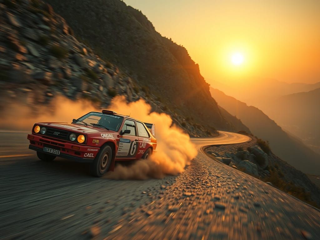 Rally Car Speeds Down Mountain Road in Cinematic Hyperrealis...