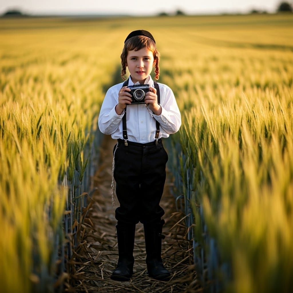 Young Hasidic Boy in Sunlit Wheat Field, Capturing Moment wi...