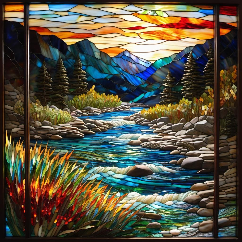Stained Glass Landscape with Encaustic River