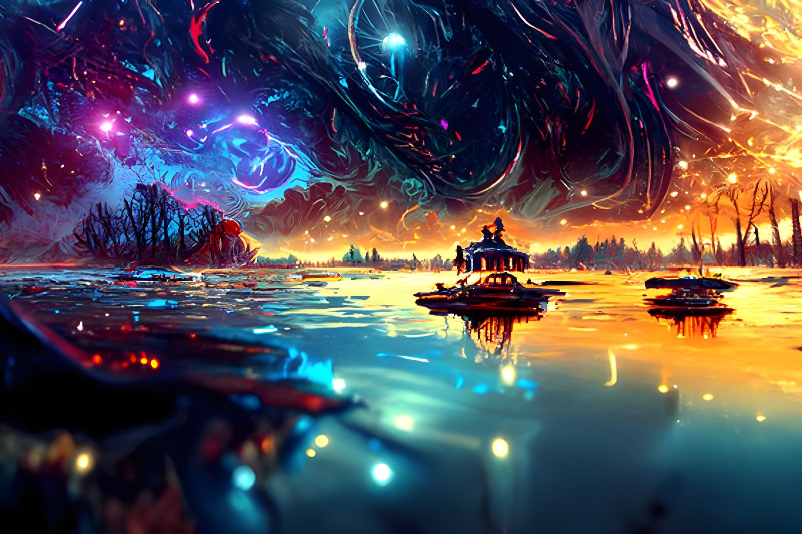 Cosmic Judgement Day Lake Reflection in Rococo Style