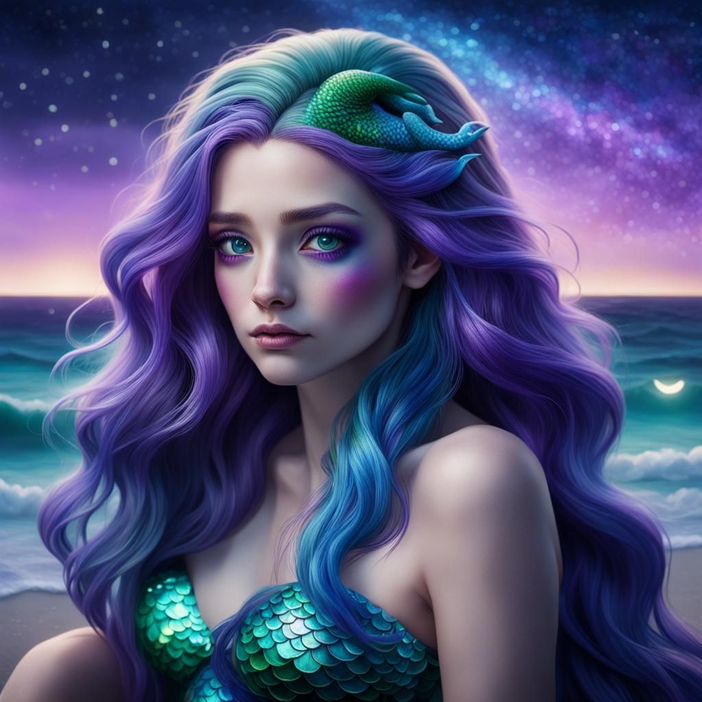 Mermaid Stargazing: A Hyperrealistic Cinematic Portrait
