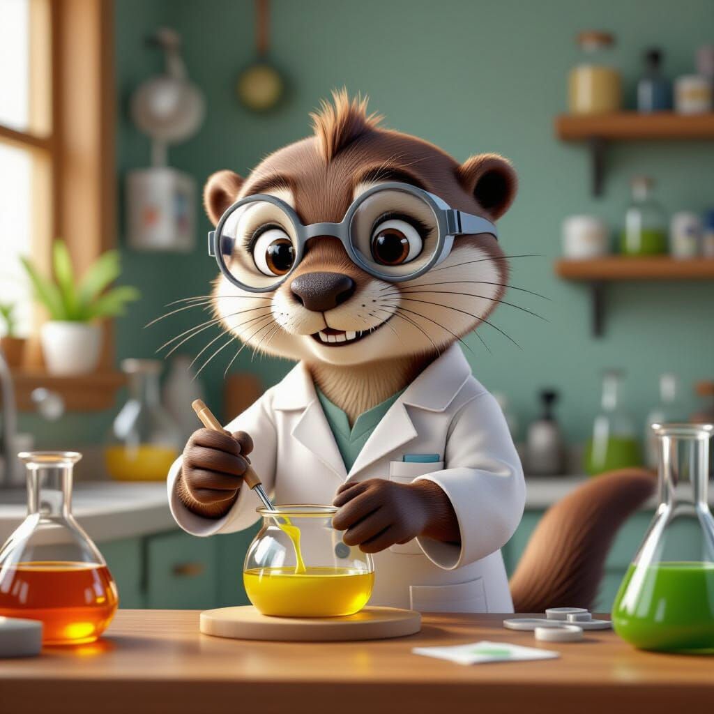 Cartoon Otter Mixing Potions in Lab, CGI Pixar Style