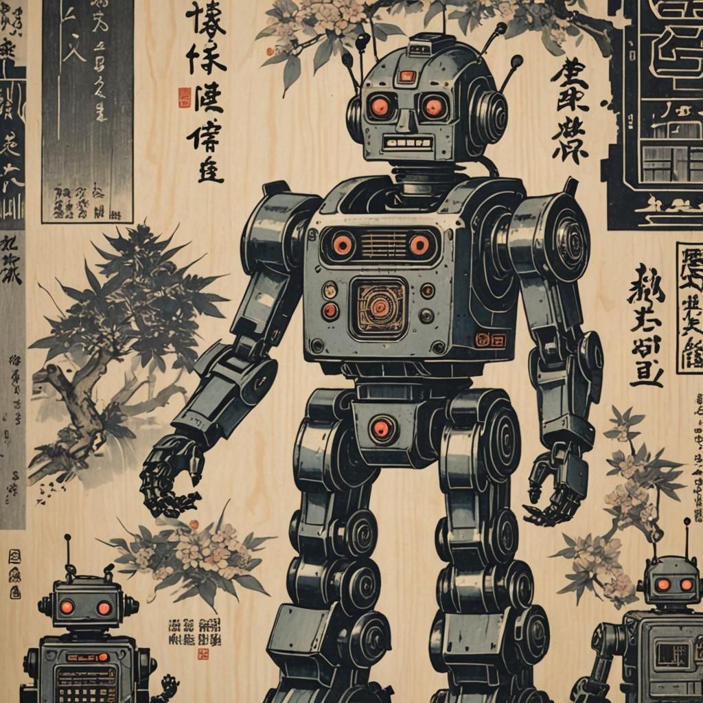 Robot in Japanese Woodblock Print Style