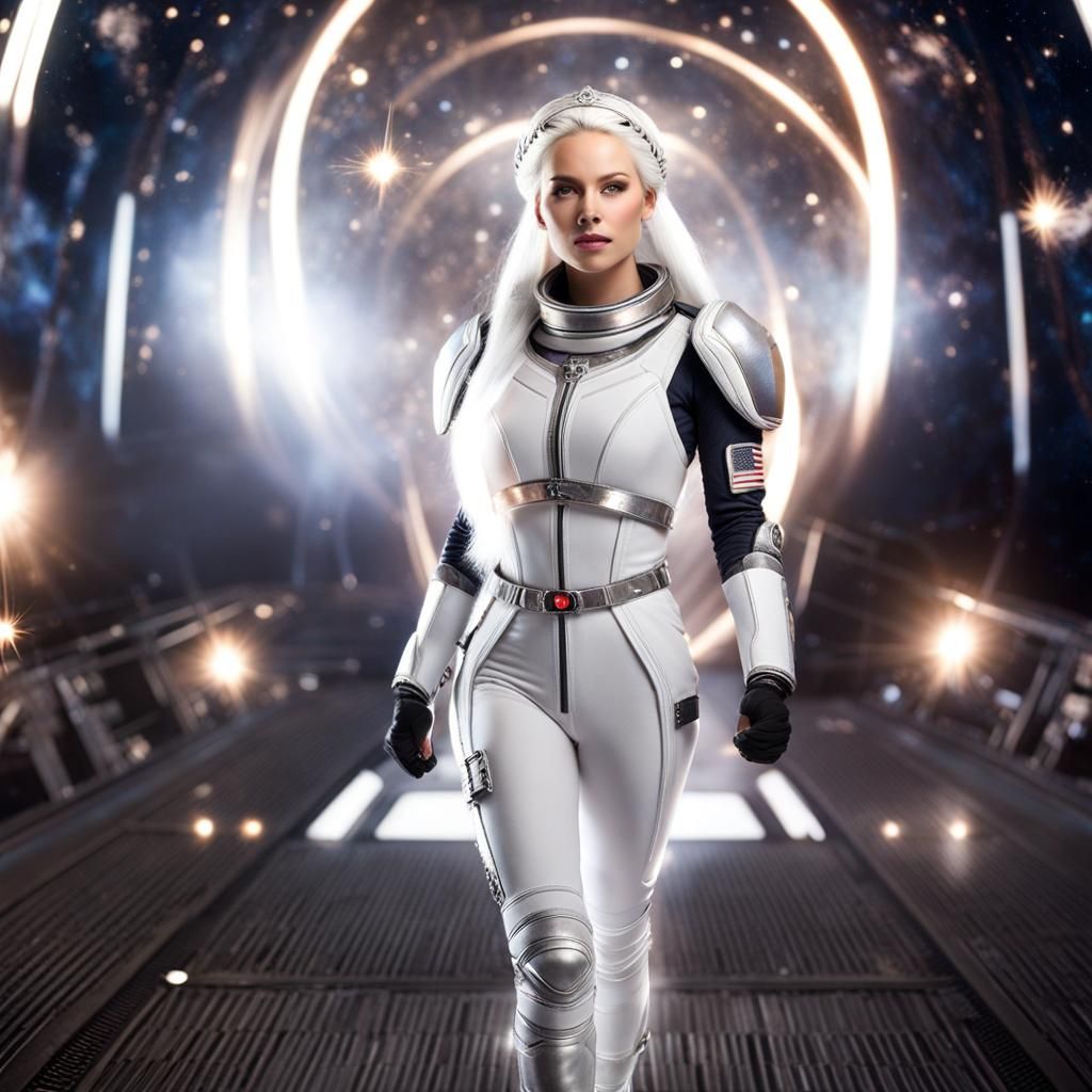 Gorgeous White-Haired Woman in Starry Sci-Fi Scene