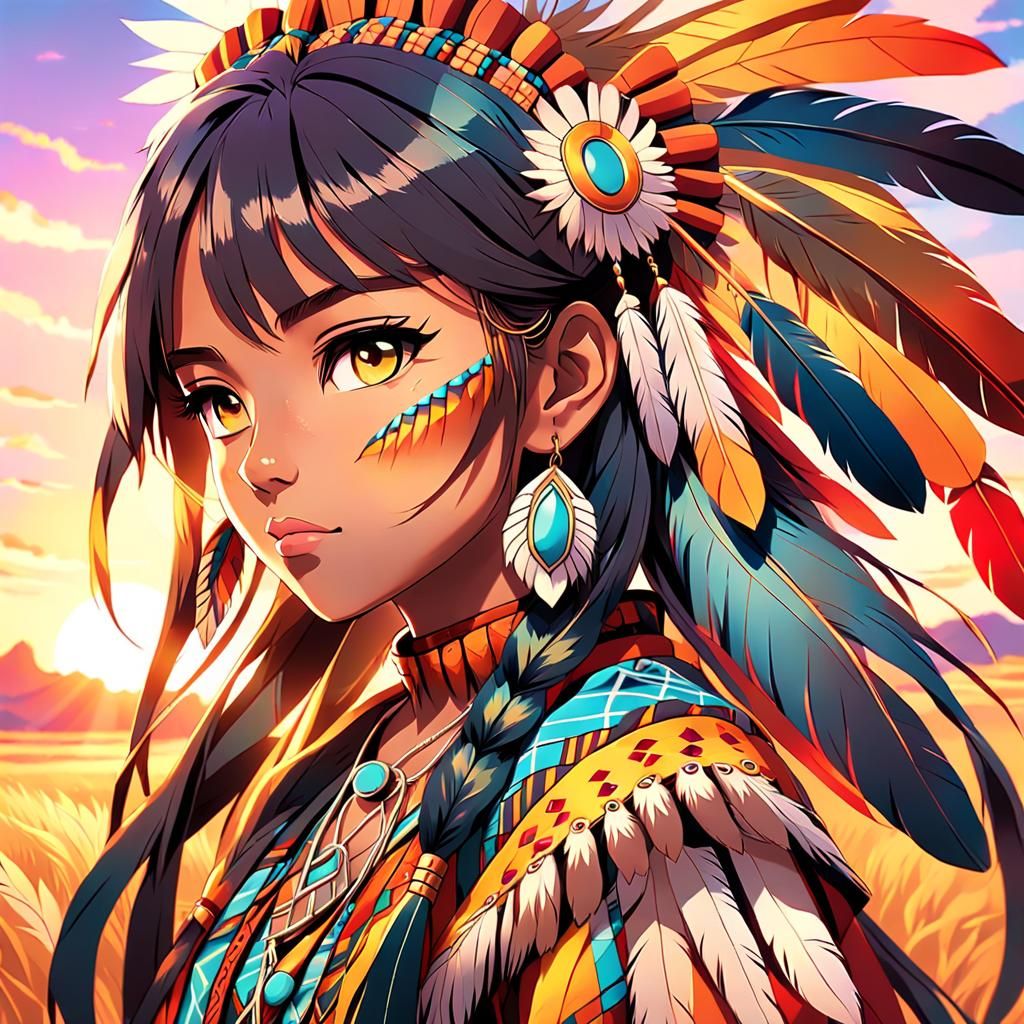 Anime Portrait of Native American Girl in Prairie