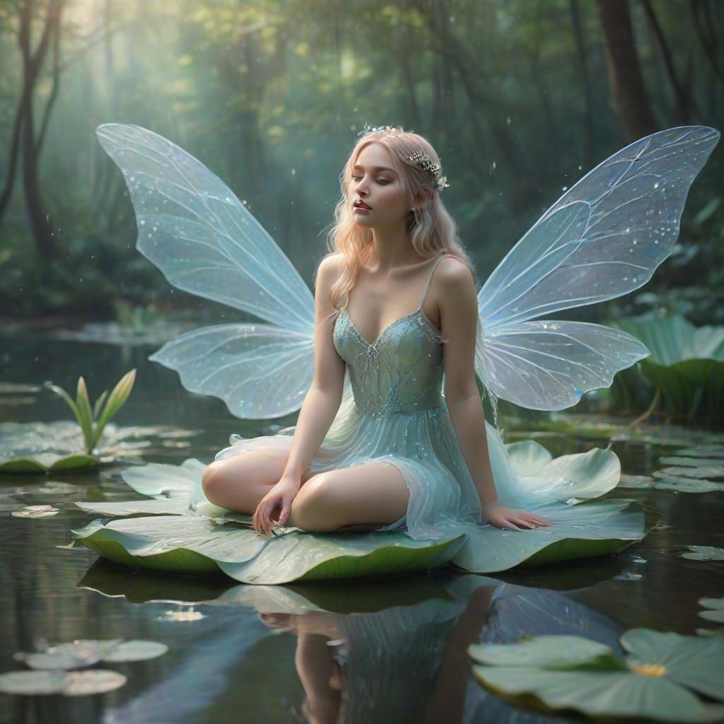 Water Fairy on Lily Pad in Misty Forest