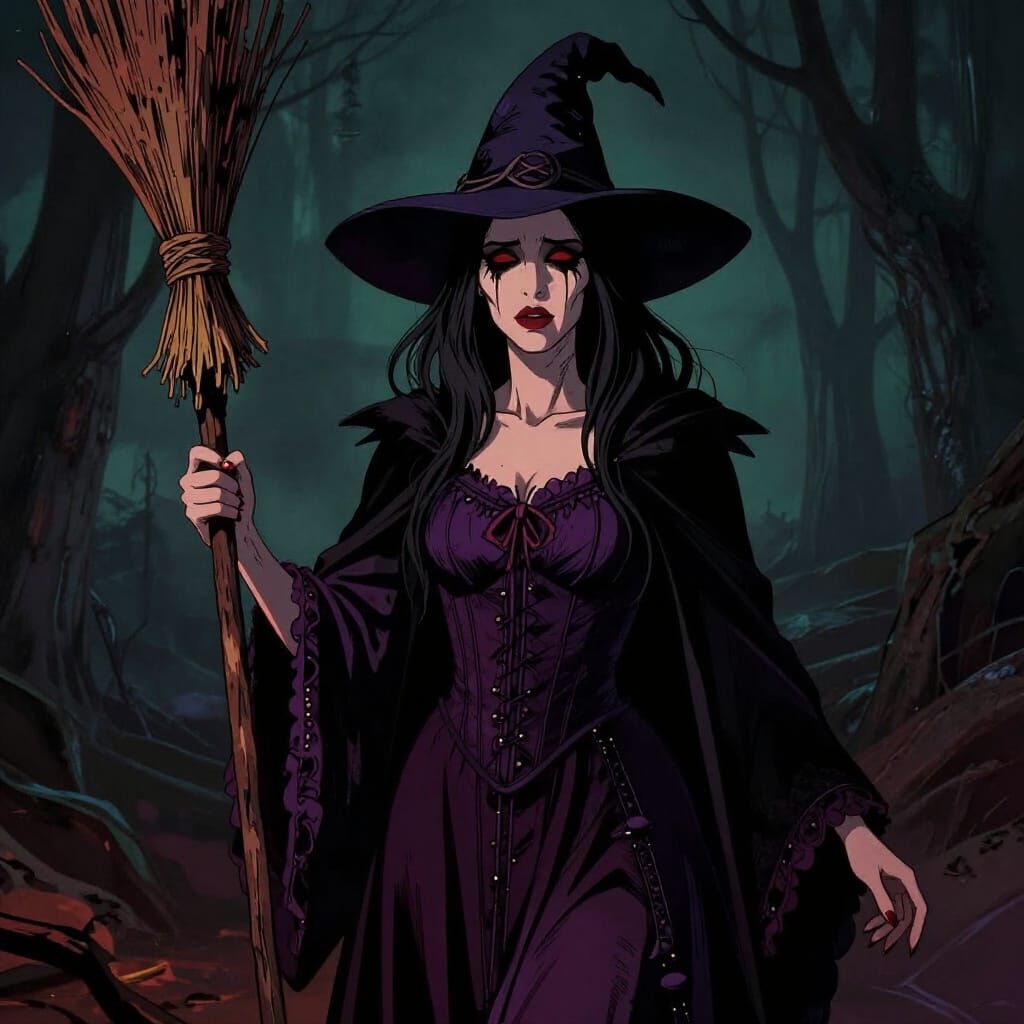 Regal Witch with Broomstick in Dark Fantasy Style